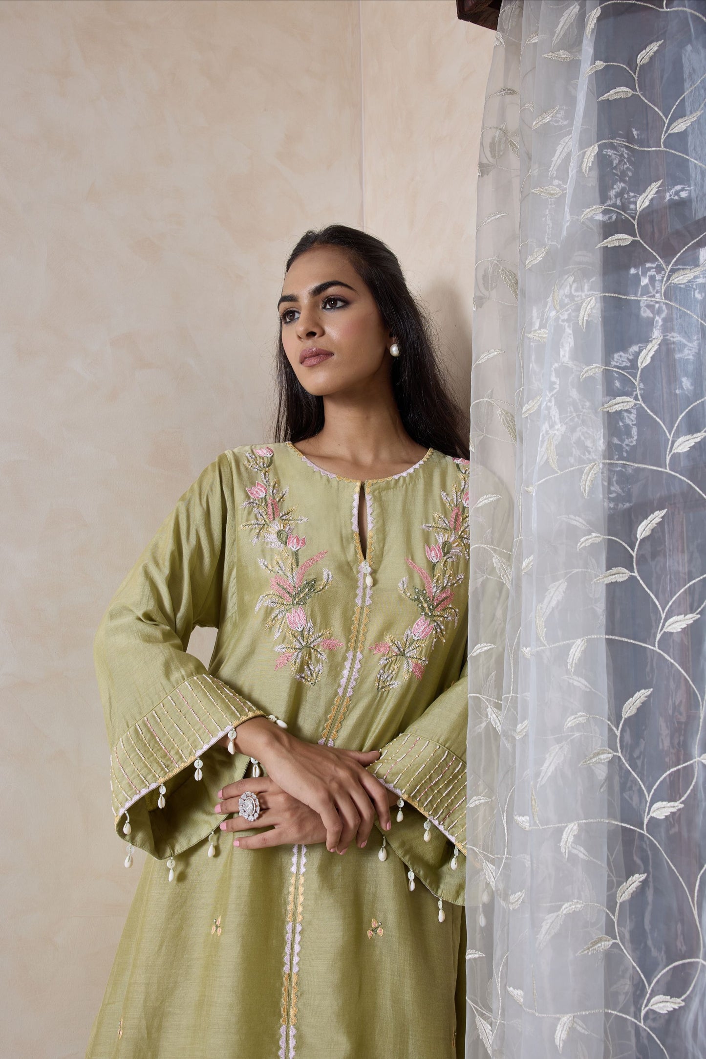 Hand-Embroidered olive green flared kurta & Pants co-ord set