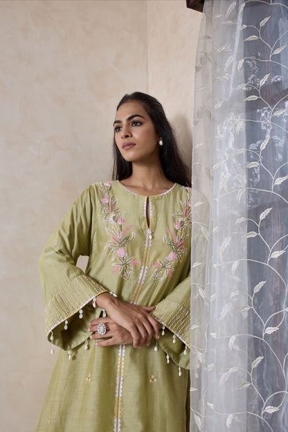 Hand-Embroidered olive green flared kurta & Pants co-ord set