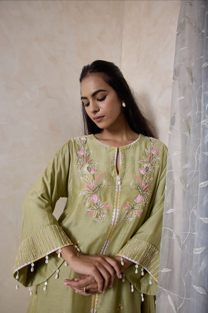 Hand-Embroidered olive green flared kurta & Pants co-ord set