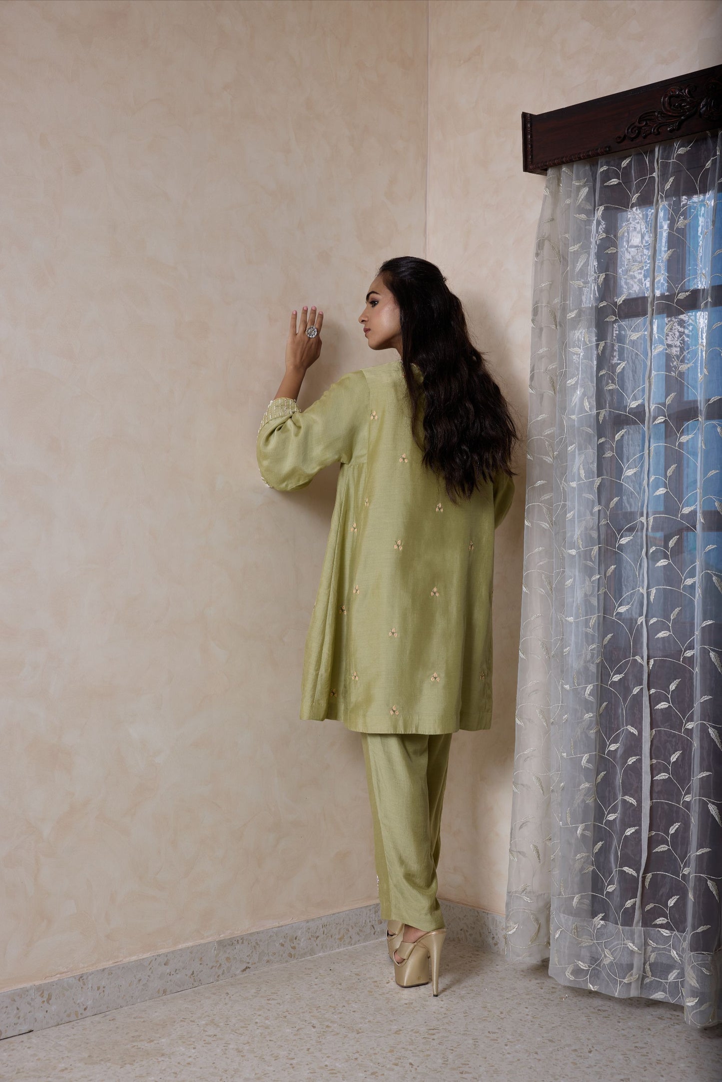 Hand-Embroidered olive green flared kurta & Pants co-ord set