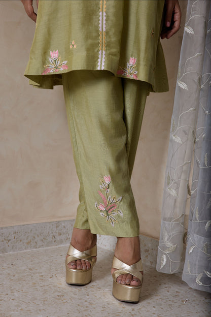 Hand-Embroidered olive green flared kurta & Pants co-ord set