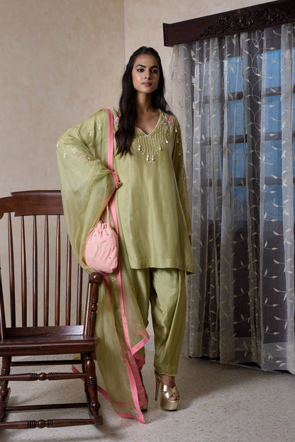 Hand-Embroidered Olive green Kurta & Farsi Salwar Set
