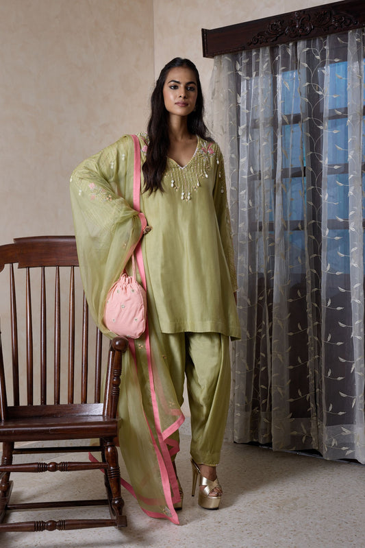 Hand-Embroidered Olive green Kurta & Farsi Salwar Set