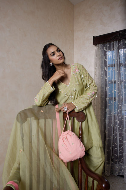 Hand-Embroidered Olive green Kurta & Farsi Salwar Set