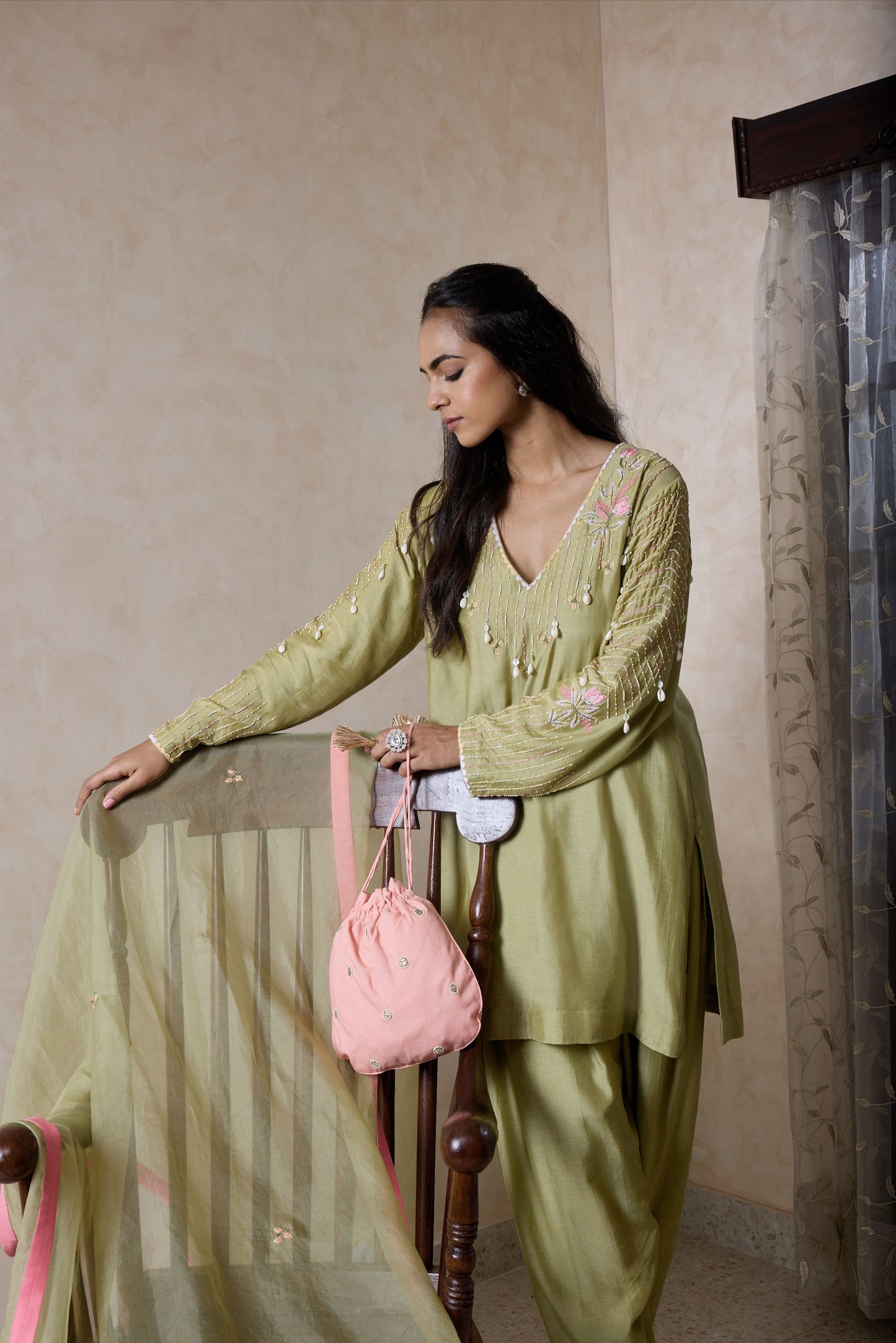 Hand-Embroidered Olive green Kurta & Farsi Salwar Set