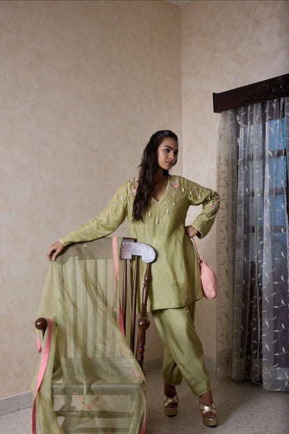Hand-Embroidered Olive green Kurta & Farsi Salwar Set