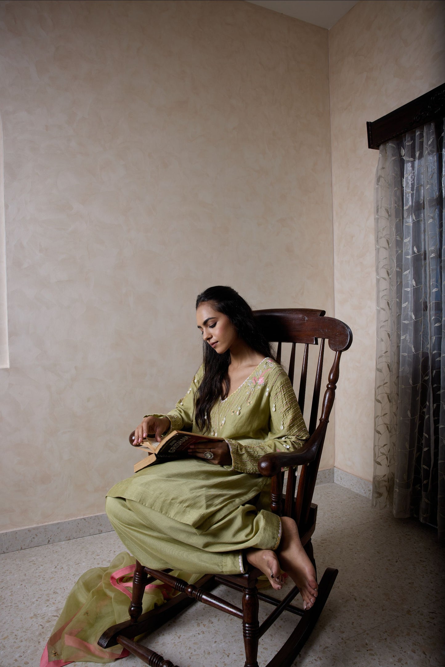 Hand-Embroidered Olive green Kurta & Farsi Salwar Set
