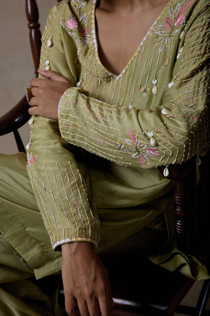 Hand-Embroidered Olive green Kurta & Farsi Salwar Set