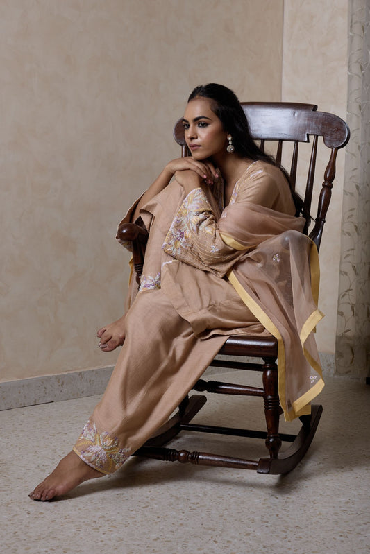 Hand-Embroidered Mink beige Flared Kurta & Salwar Set