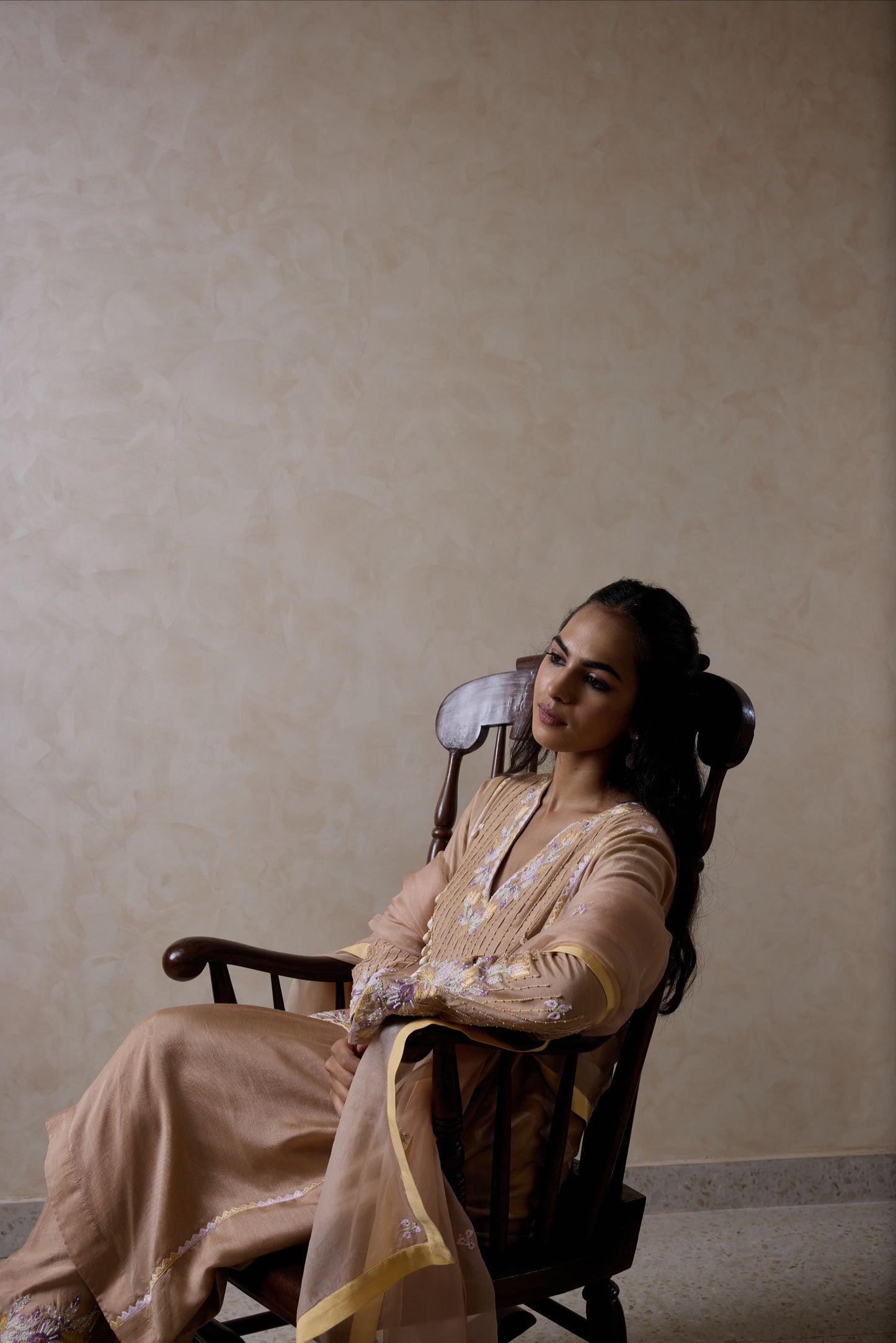 Hand-Embroidered Mink beige Flared Kurta & Salwar Set