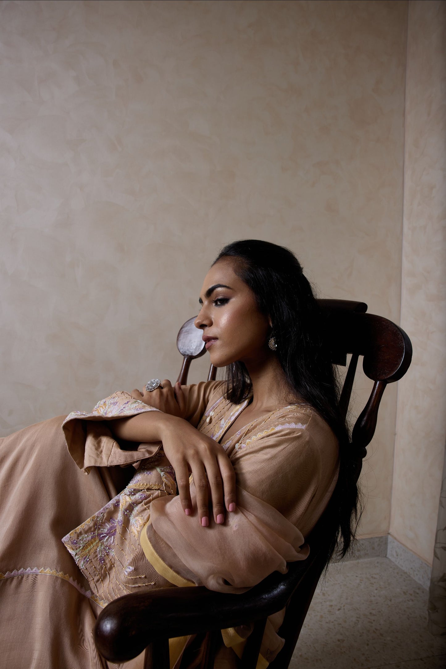 Hand-Embroidered Mink beige Flared Kurta & Salwar Set