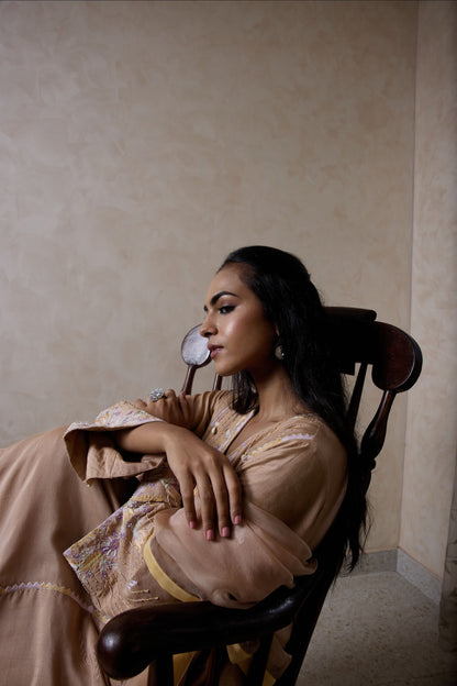 Hand-Embroidered Mink beige Flared Kurta & Salwar Set