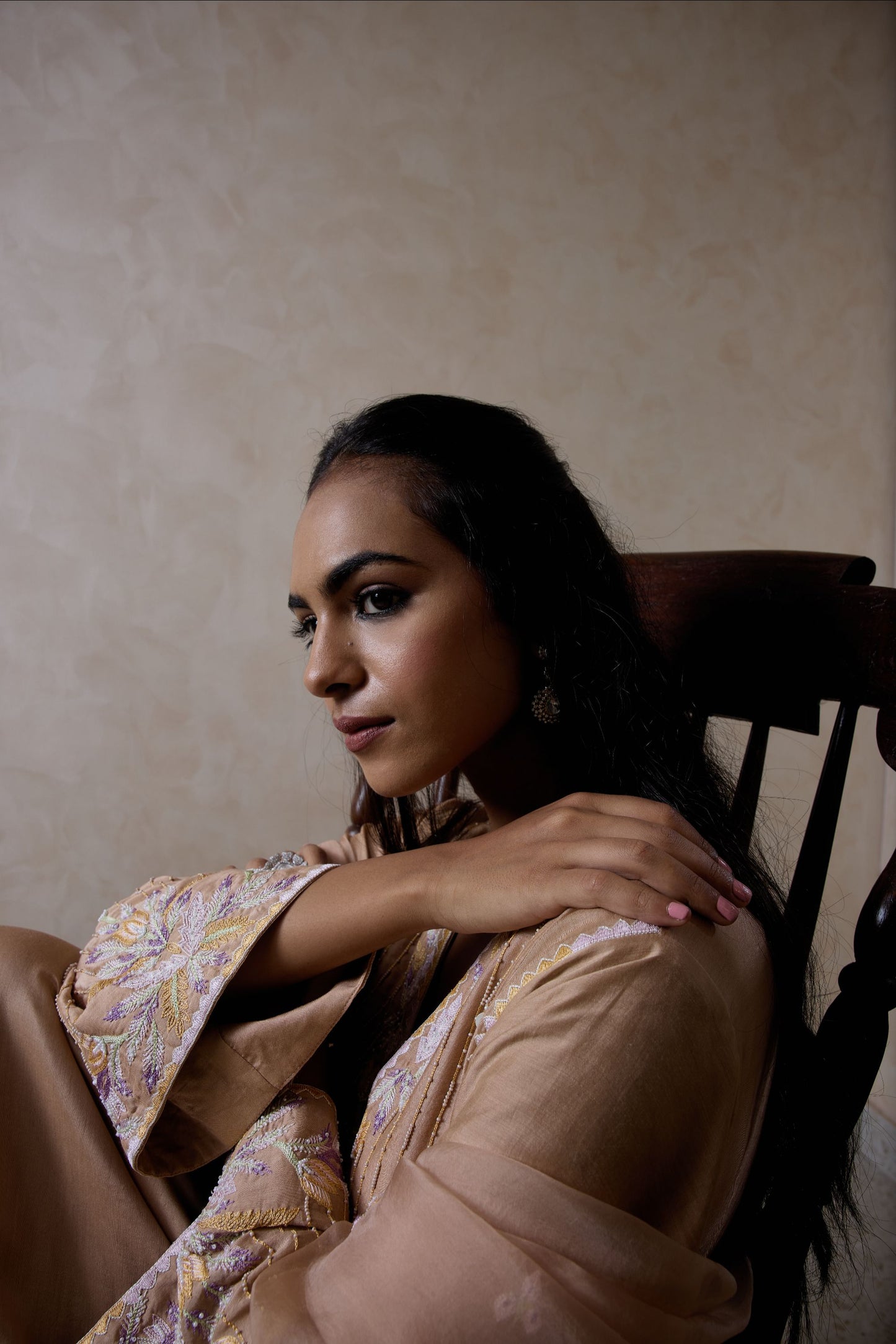 Hand-Embroidered Mink beige Flared Kurta & Salwar Set