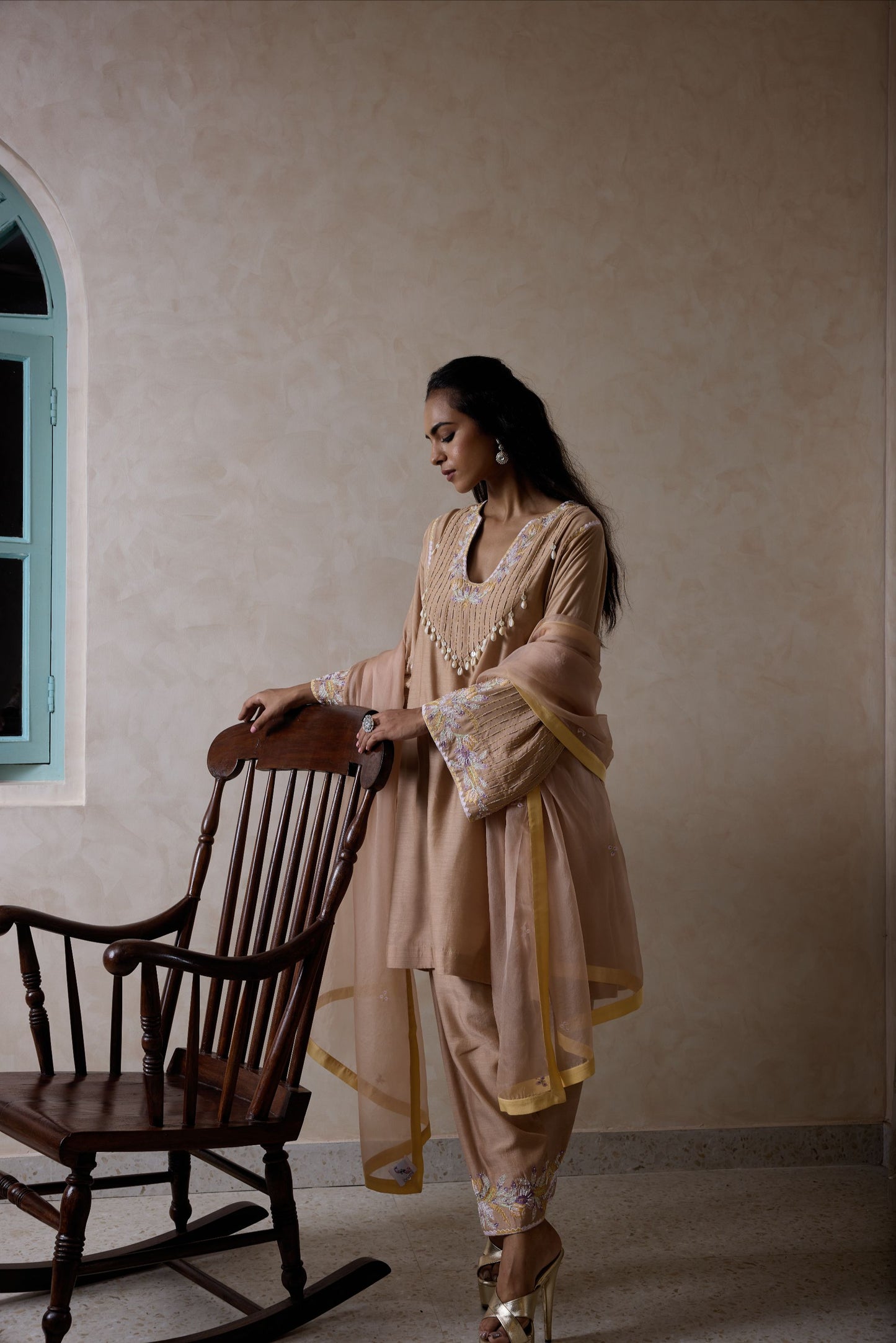 Hand-Embroidered Mink beige Flared Kurta & Salwar Set