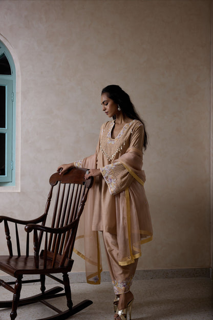 Hand-Embroidered Mink beige Flared Kurta & Salwar Set