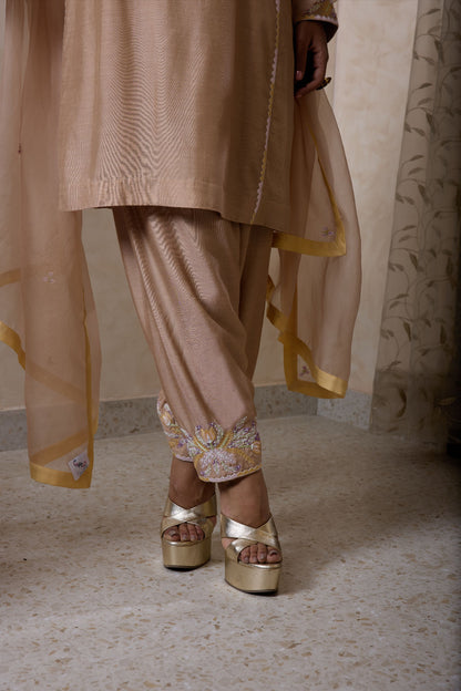 Hand-Embroidered Mink beige Flared Kurta & Salwar Set