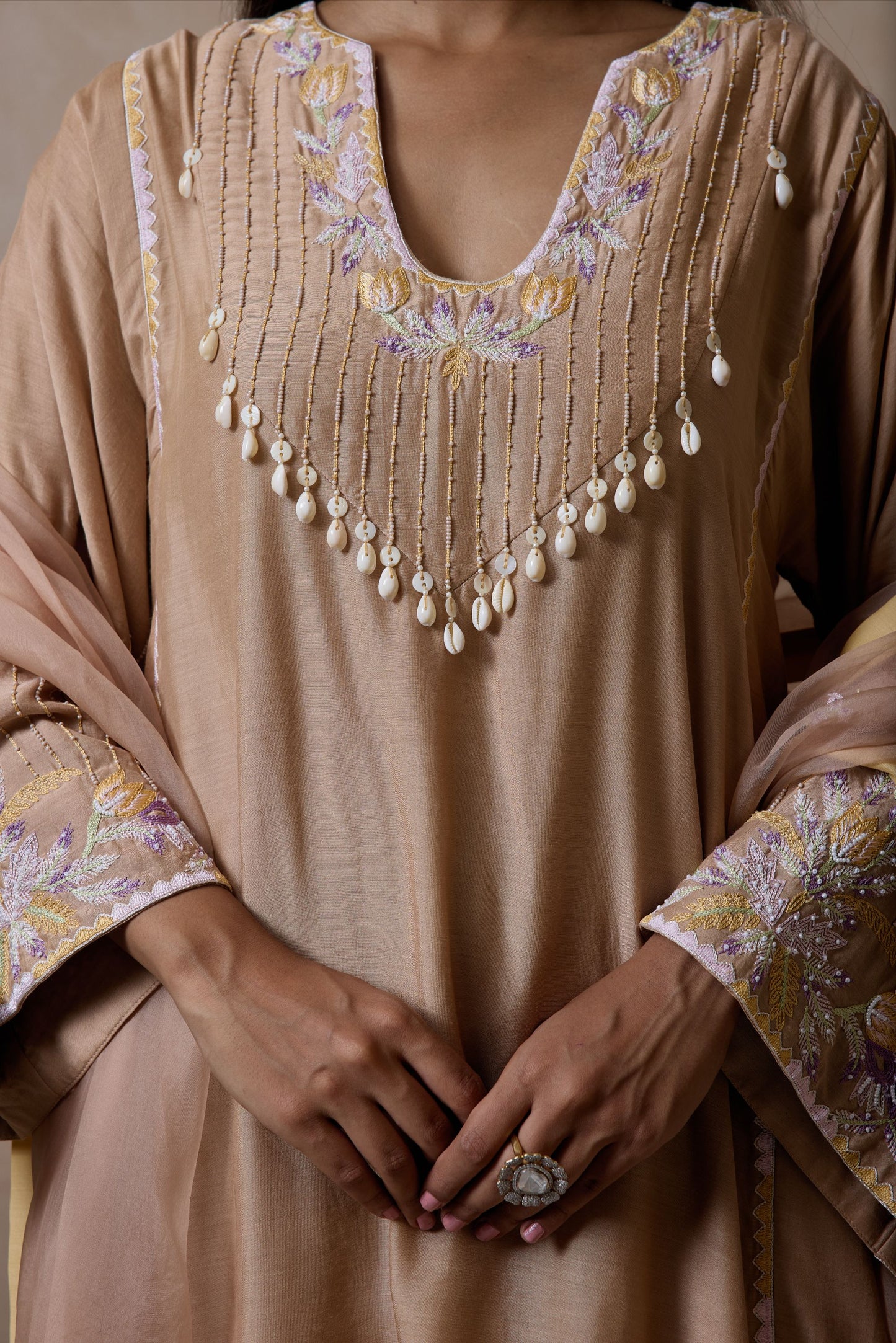 Hand-Embroidered Mink beige Flared Kurta & Salwar Set