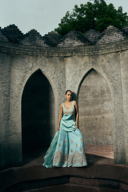 The Eternal Aqua Blue Kurta- Top & Sharara Set