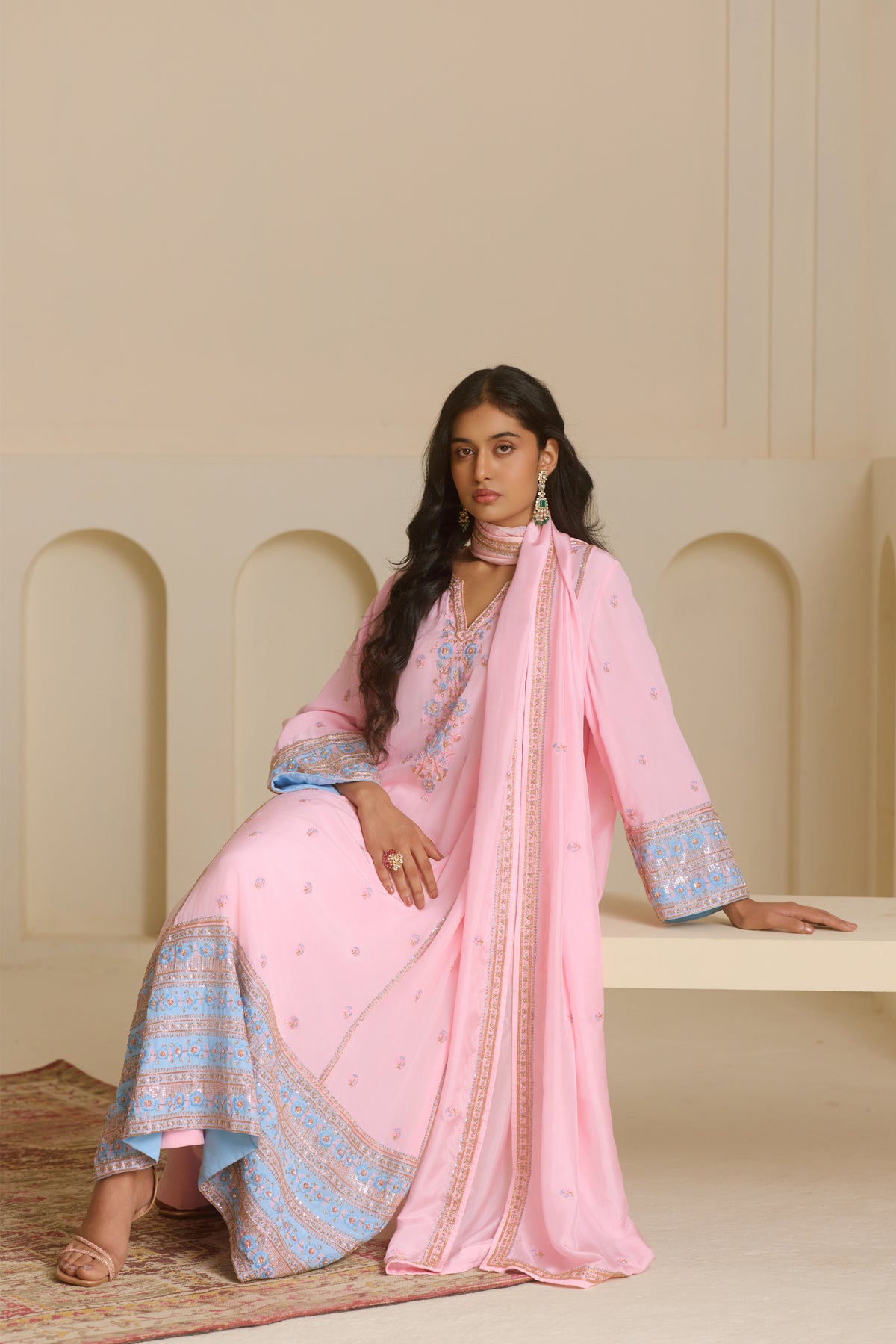 Powder Pink Kalidar Straight Kurta Set