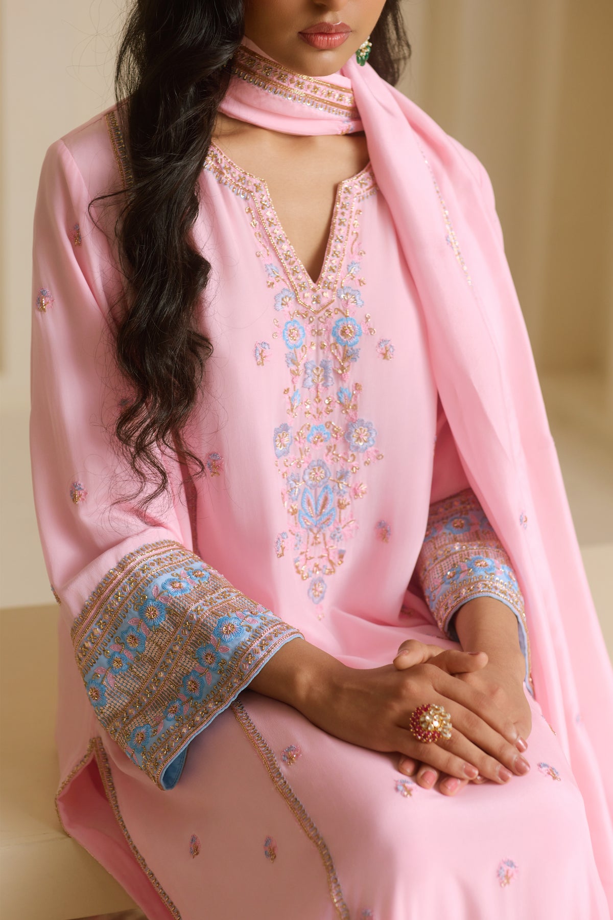 Powder Pink Kalidar Straight Kurta Set