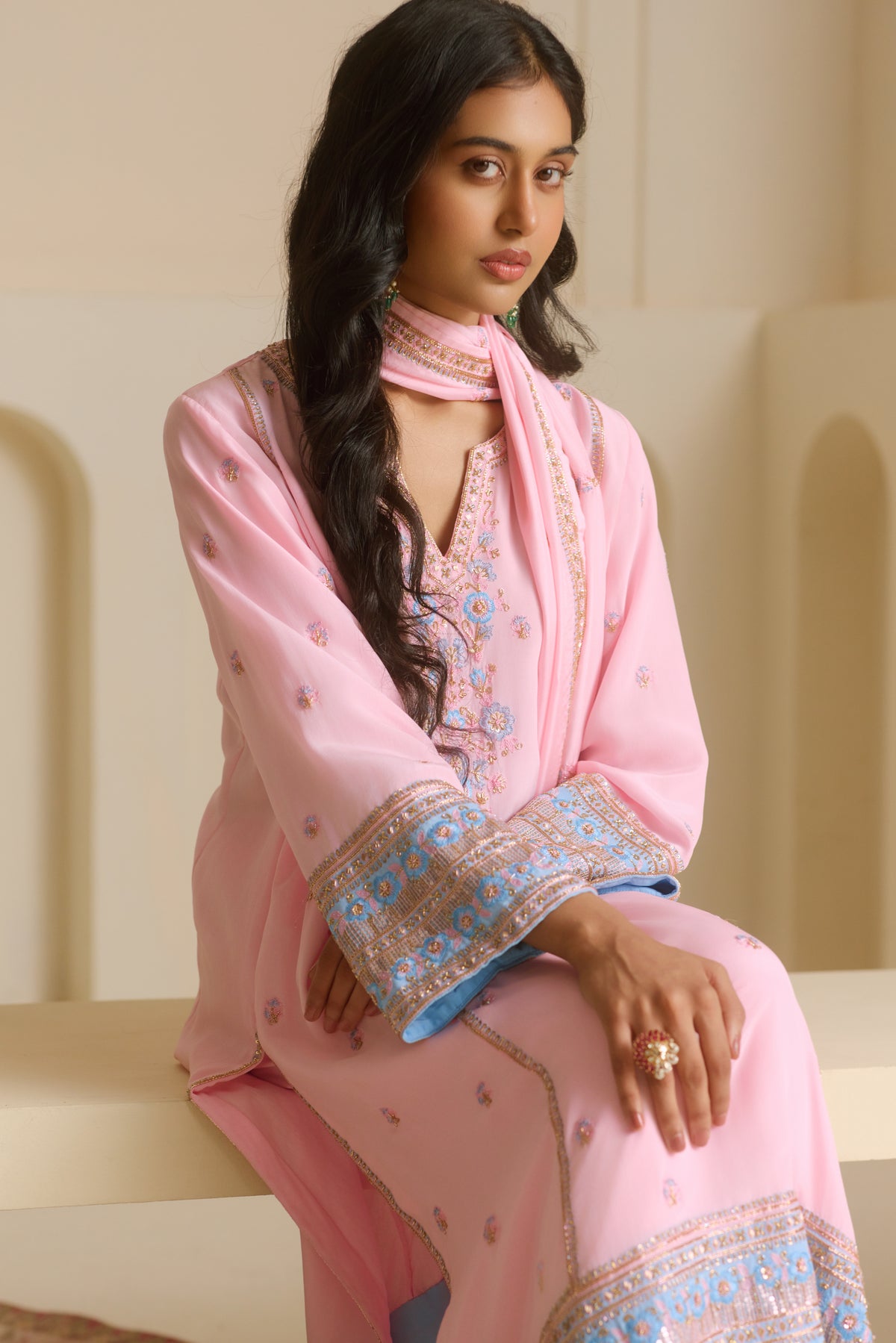 Powder Pink Kalidar Straight Kurta Set
