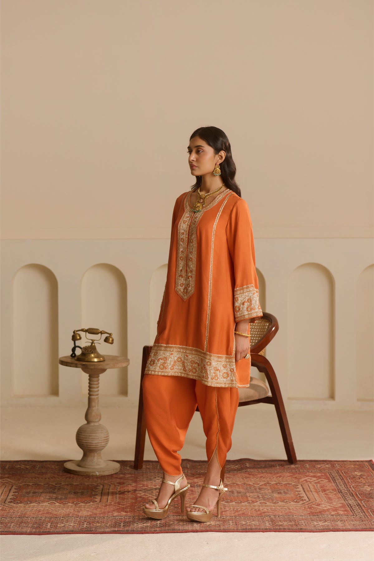 Rust Straight Kurta with draped dhoti Set