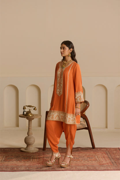 Rust Straight Kurta with draped dhoti Set
