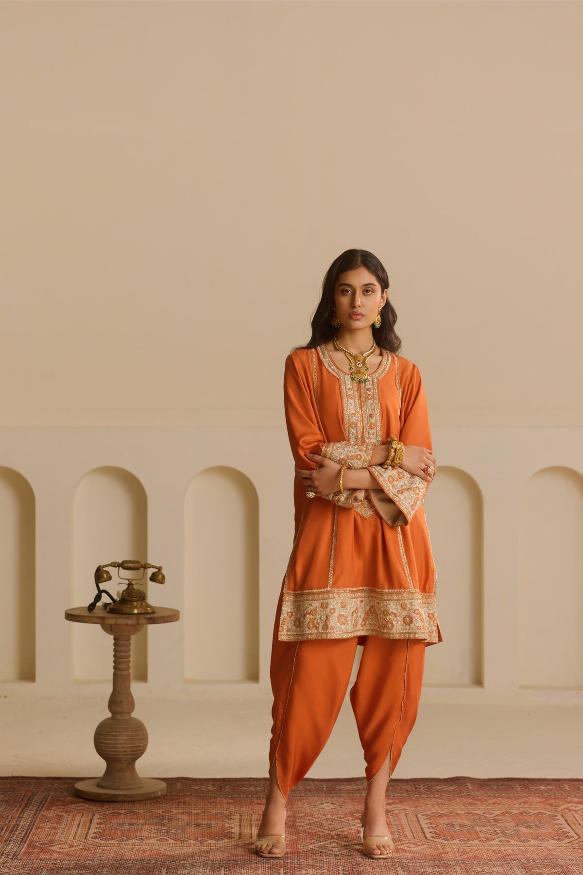 Rust Straight Kurta with draped dhoti Set