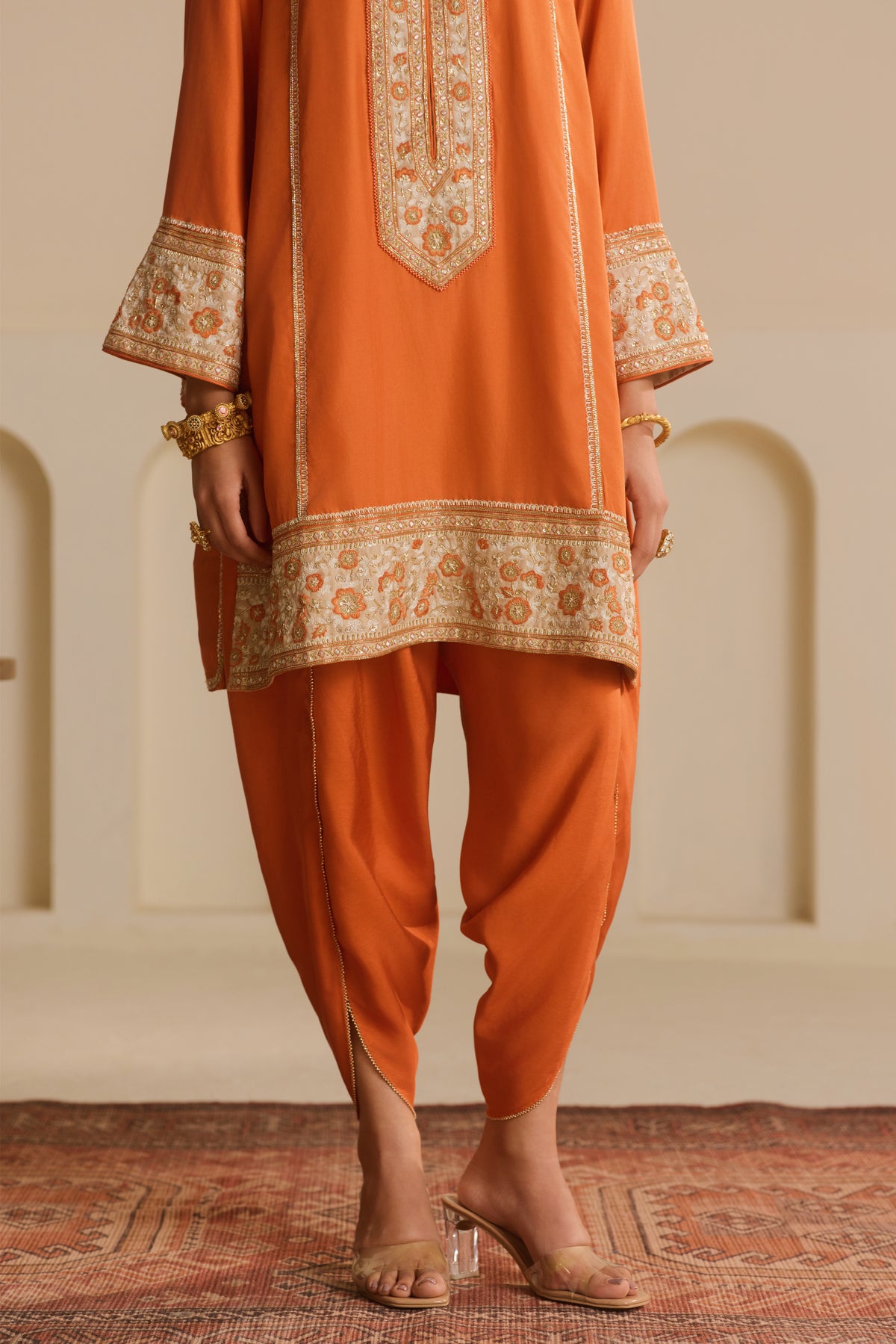 Rust Straight Kurta with draped dhoti Set