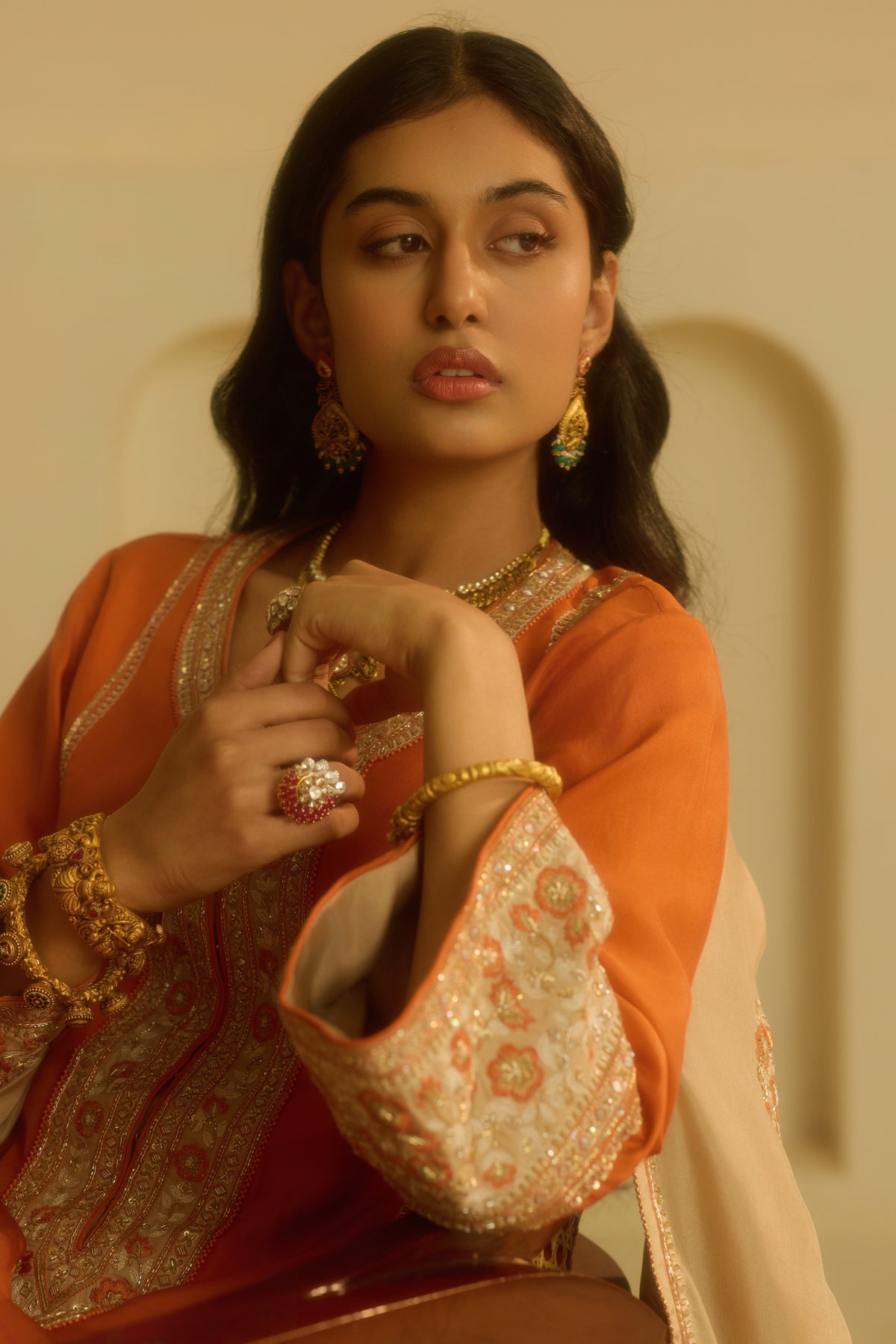 Rust Straight Kurta with draped dhoti Set