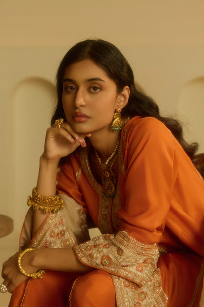 Rust Straight Kurta with draped dhoti Set