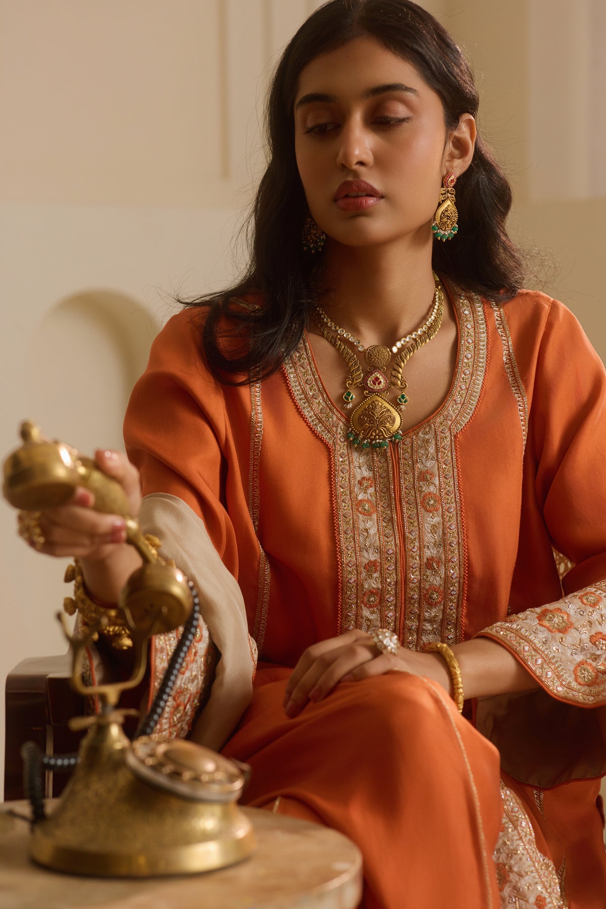 Rust Straight Kurta with draped dhoti Set