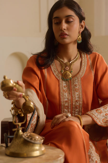 Rust Straight Kurta with draped dhoti Set