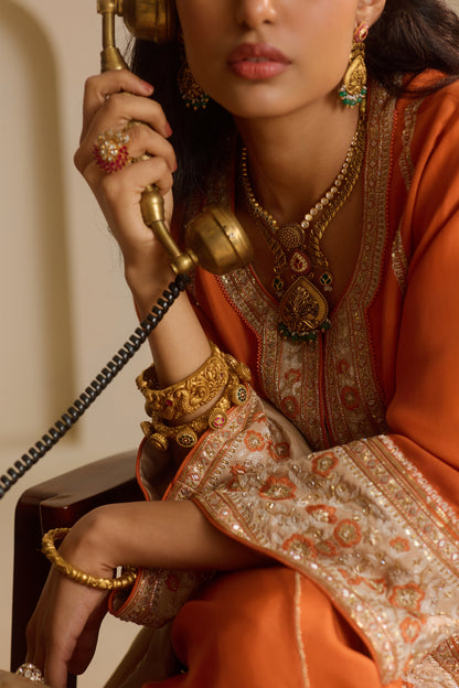 Rust Straight Kurta with draped dhoti Set