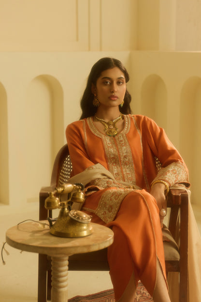 Rust Straight Kurta with draped dhoti Set