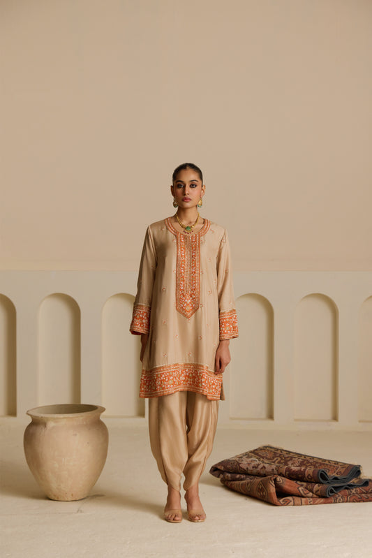 Mushroom beige Knee-Length Kurta with Draped Dhoti Set