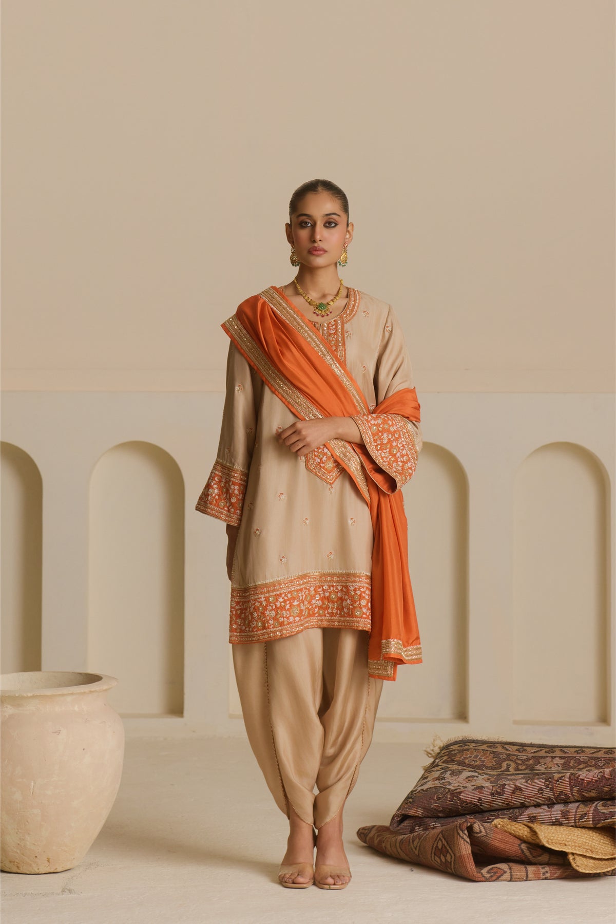 Mushroom beige Knee-Length Kurta with Draped Dhoti Set
