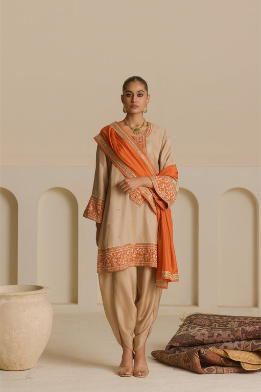 Mushroom beige Knee-Length Kurta with Draped Dhoti Set