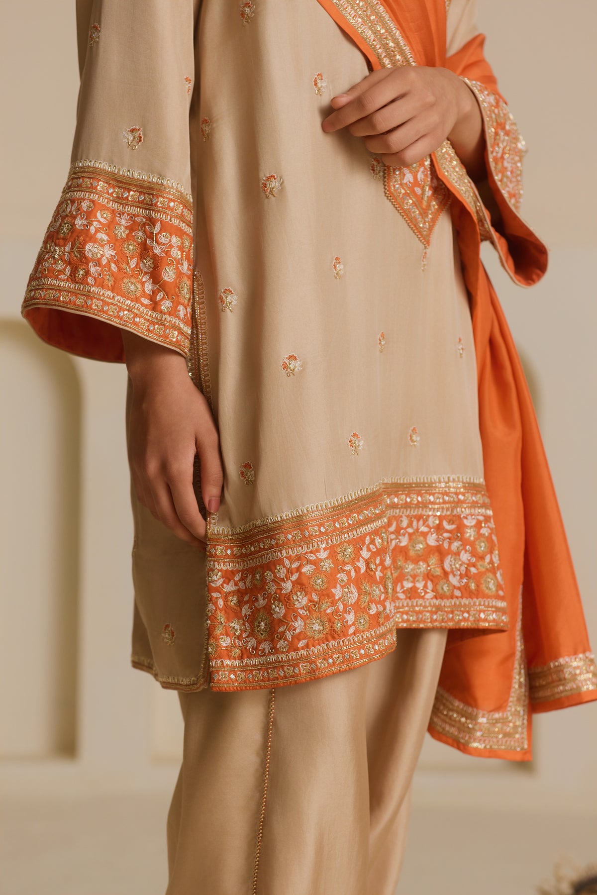 Mushroom beige Knee-Length Kurta with Draped Dhoti Set