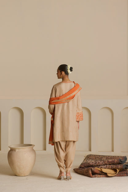 Mushroom beige Knee-Length Kurta with Draped Dhoti Set