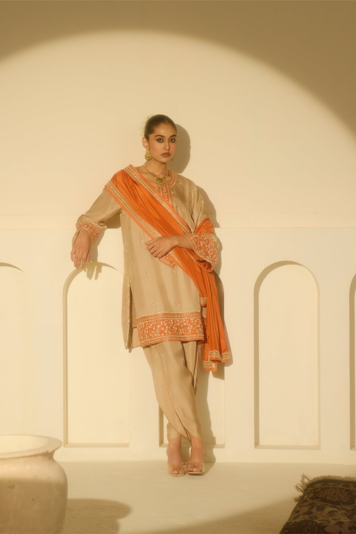 Mushroom beige Knee-Length Kurta with Draped Dhoti Set