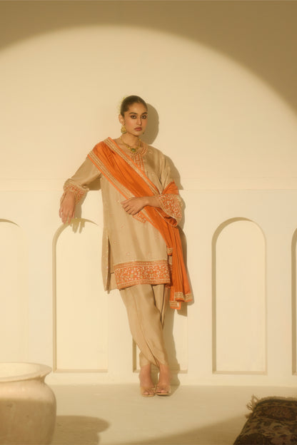 Mushroom beige Knee-Length Kurta with Draped Dhoti Set