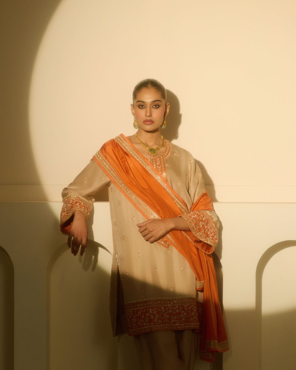 Mushroom beige Knee-Length Kurta with Draped Dhoti Set