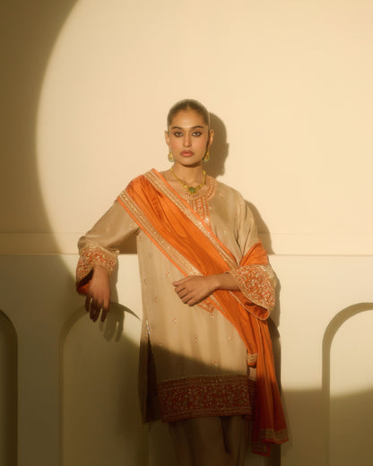 Mushroom beige Knee-Length Kurta with Draped Dhoti Set