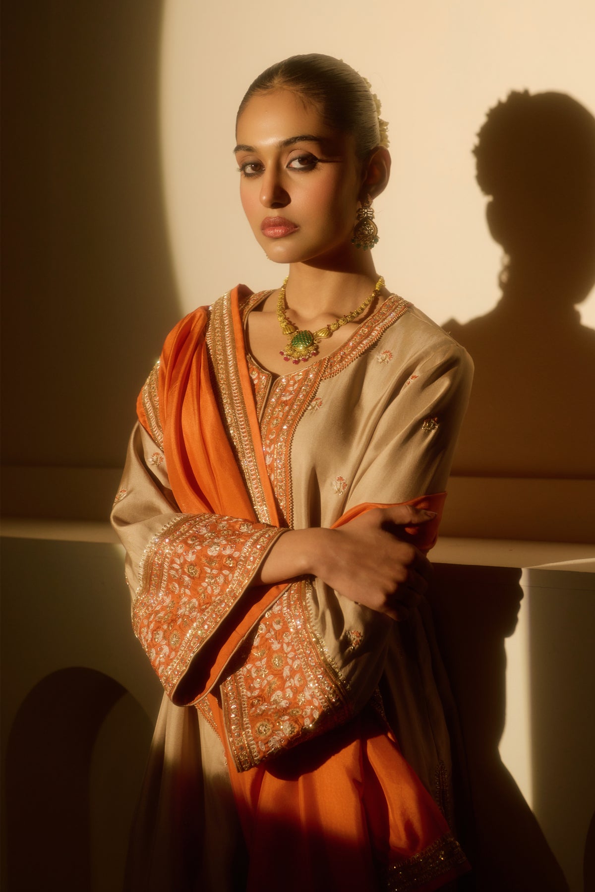 Mushroom beige Knee-Length Kurta with Draped Dhoti Set