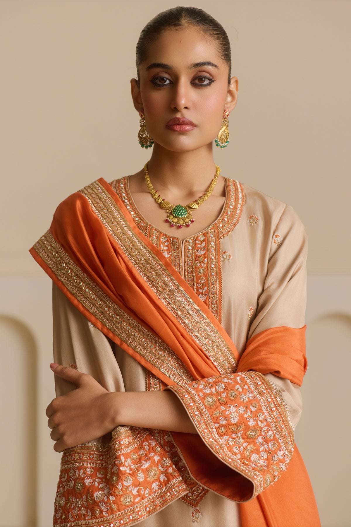 Mushroom beige Knee-Length Kurta with Draped Dhoti Set