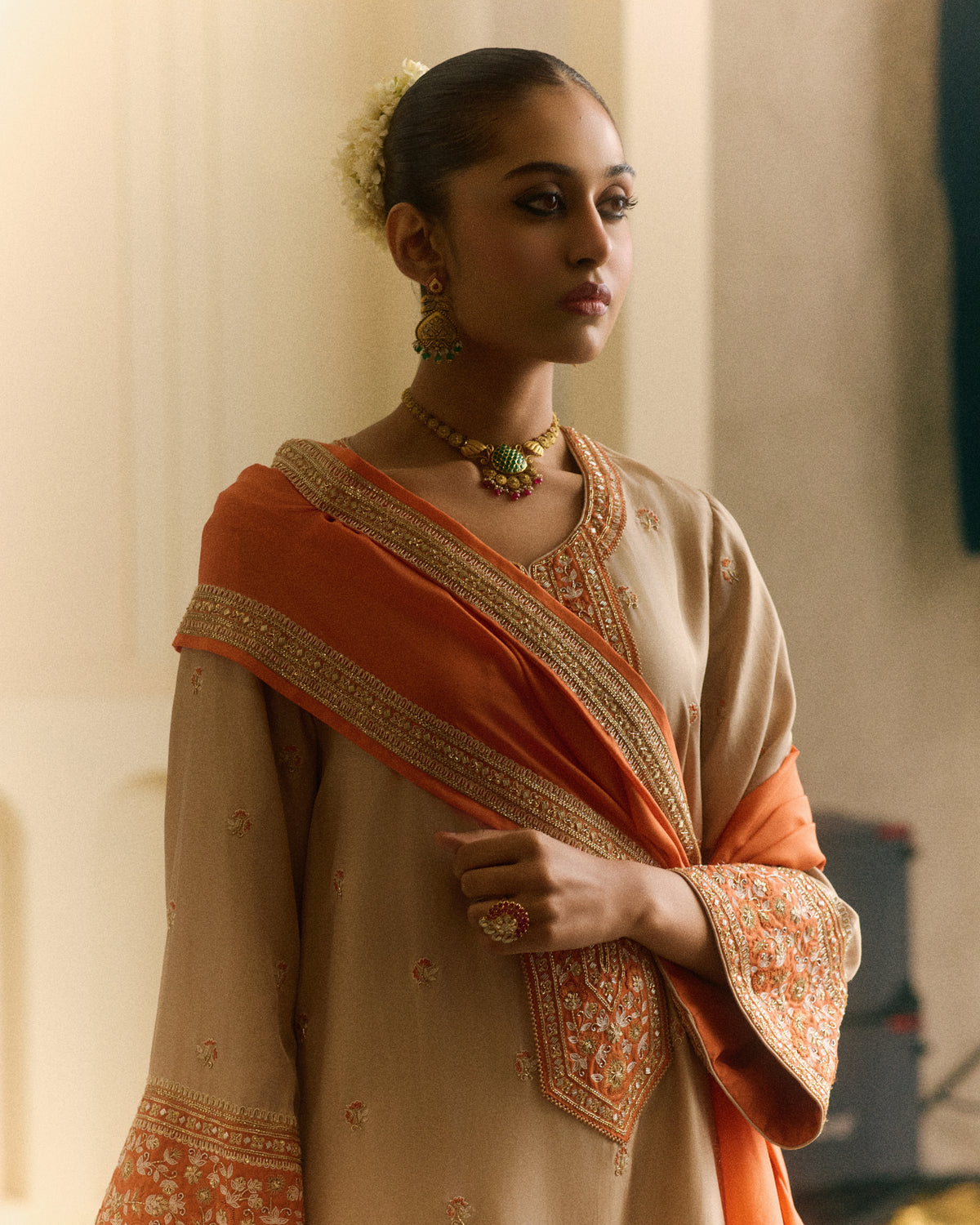 Mushroom beige Knee-Length Kurta with Draped Dhoti Set