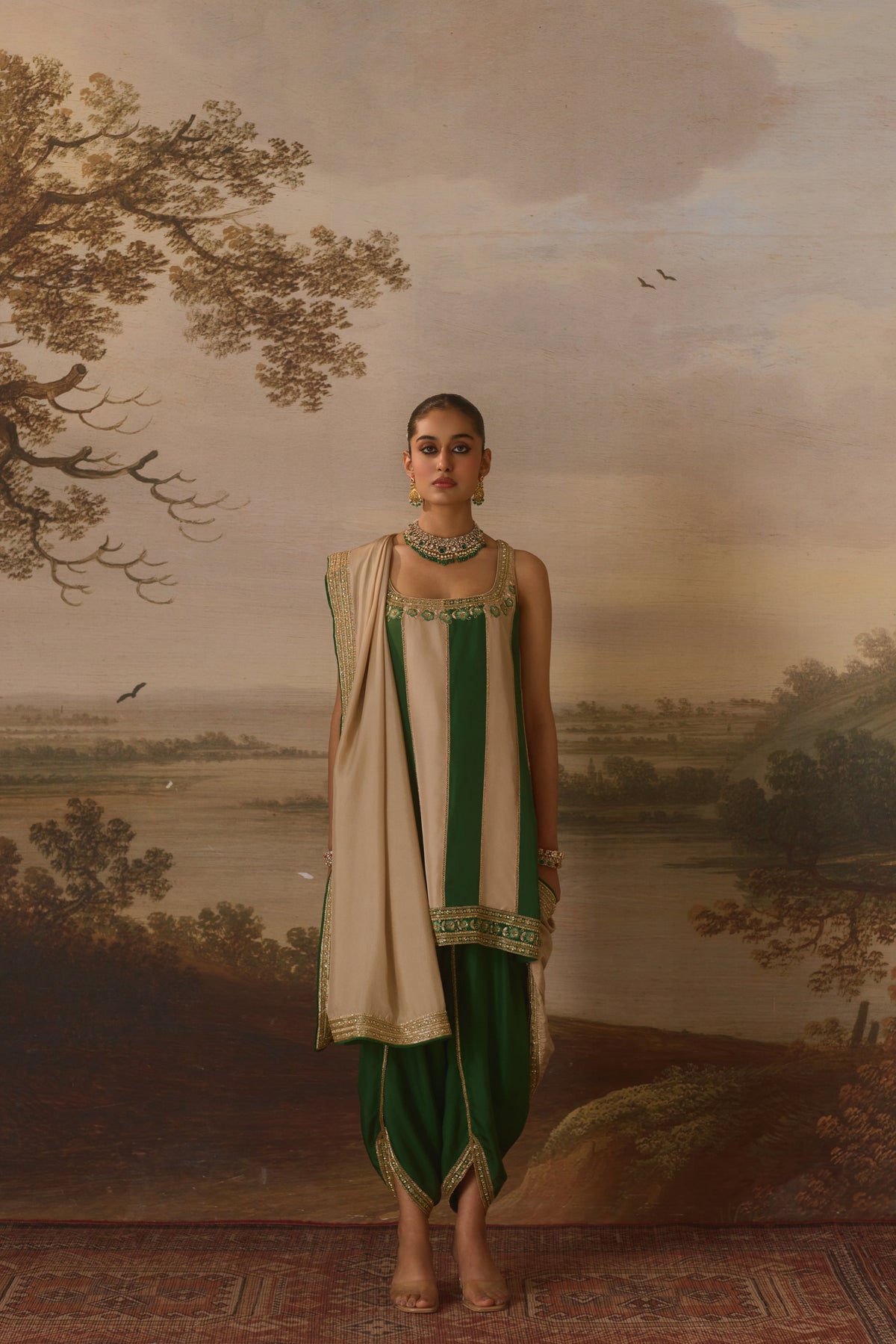 Strappy panelled Kurta & draped Dhoti set