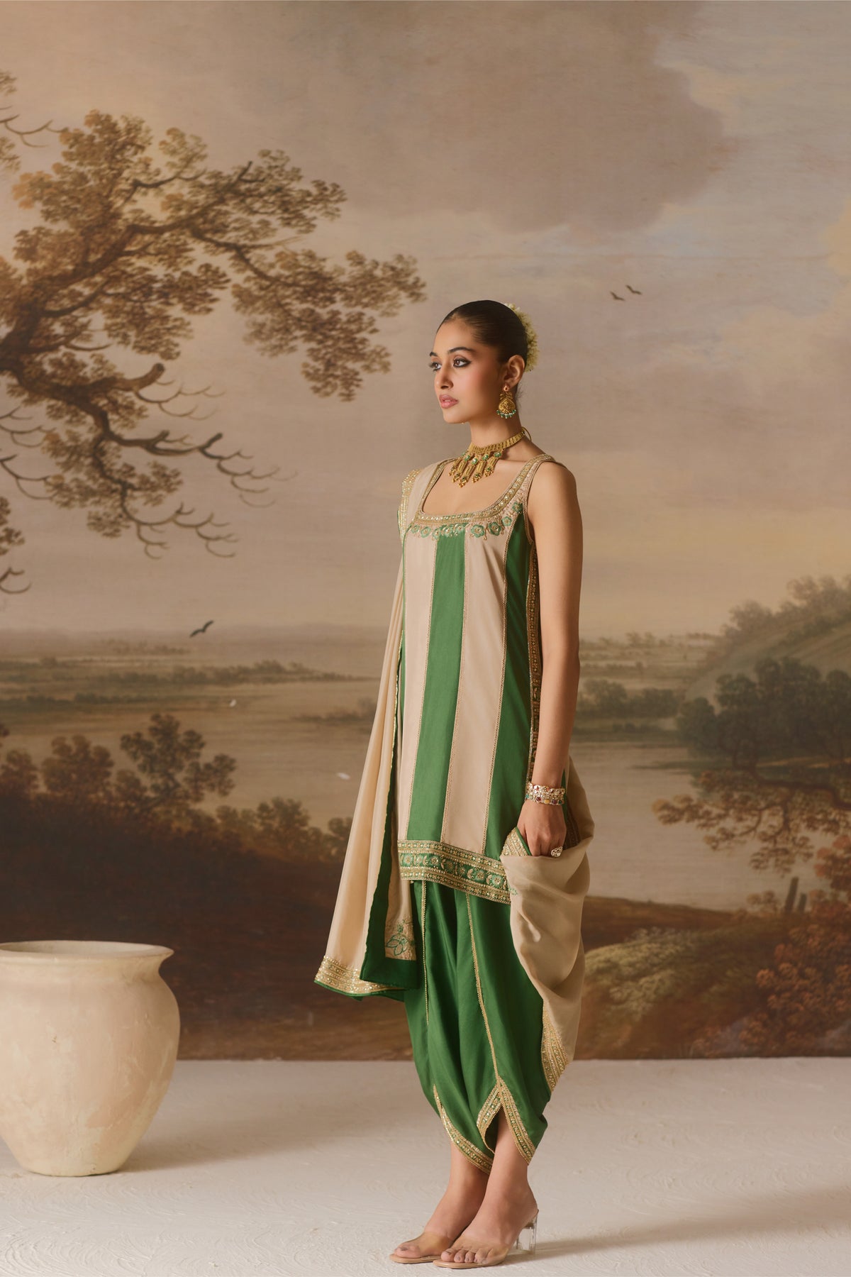 Strappy panelled Kurta & draped Dhoti set