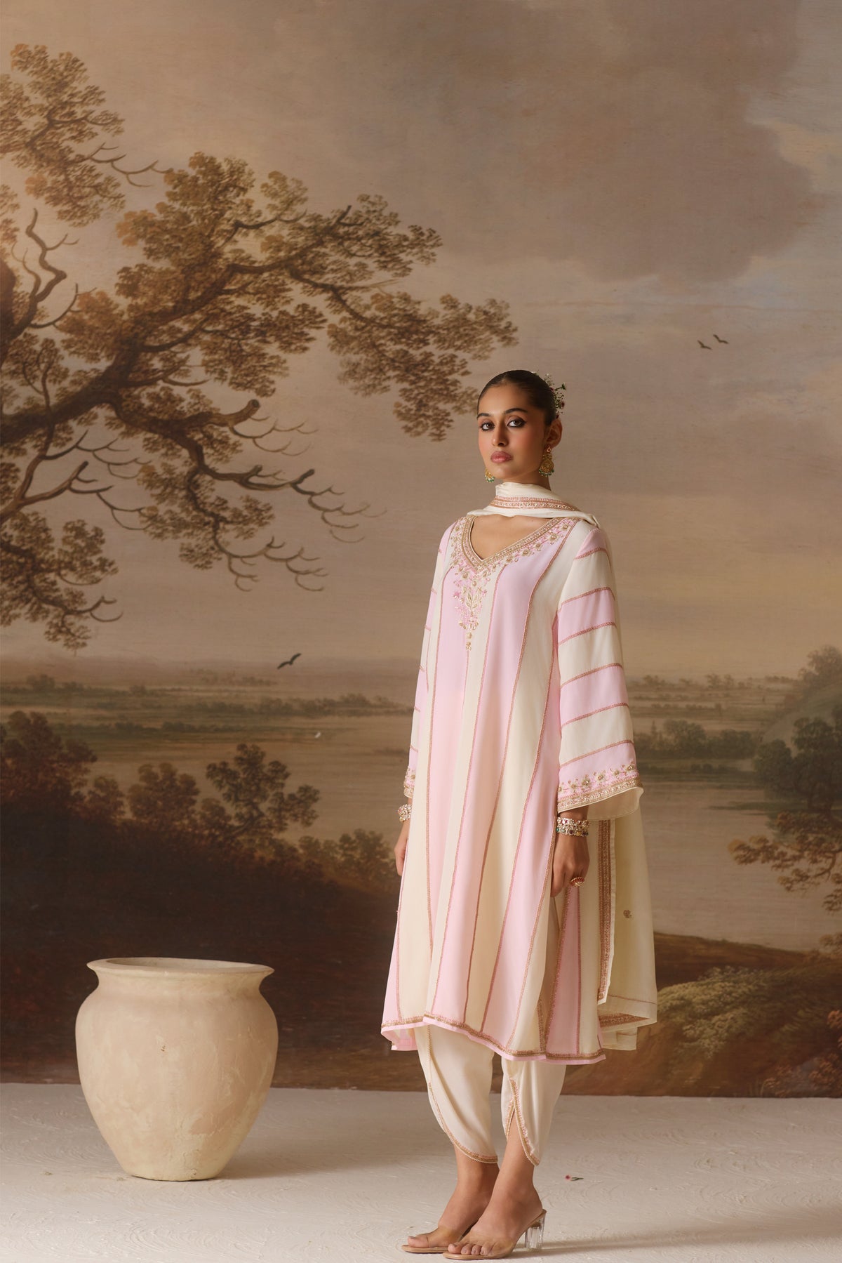 Powder Pink Panelled Kurta Set